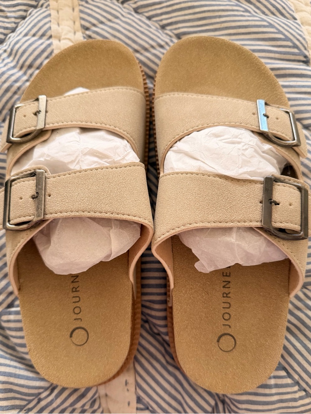Journee Collection Beige Double-Buckle Slide Sandals with Metal Buckles